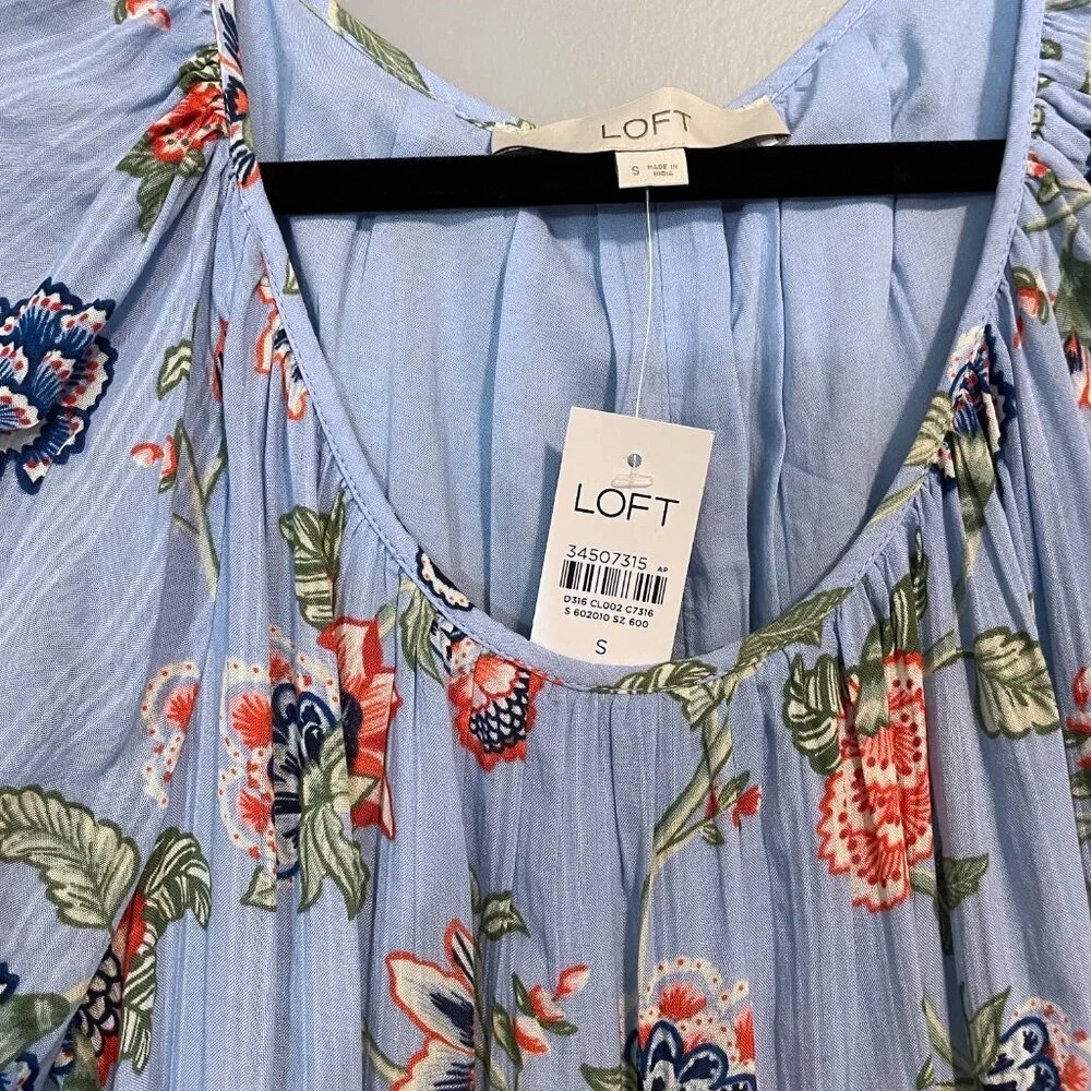 Last Call! New Loft Floral Rayon Tiered Puff Sleeve Midi Dress Blue Small - Picture 4 of 7